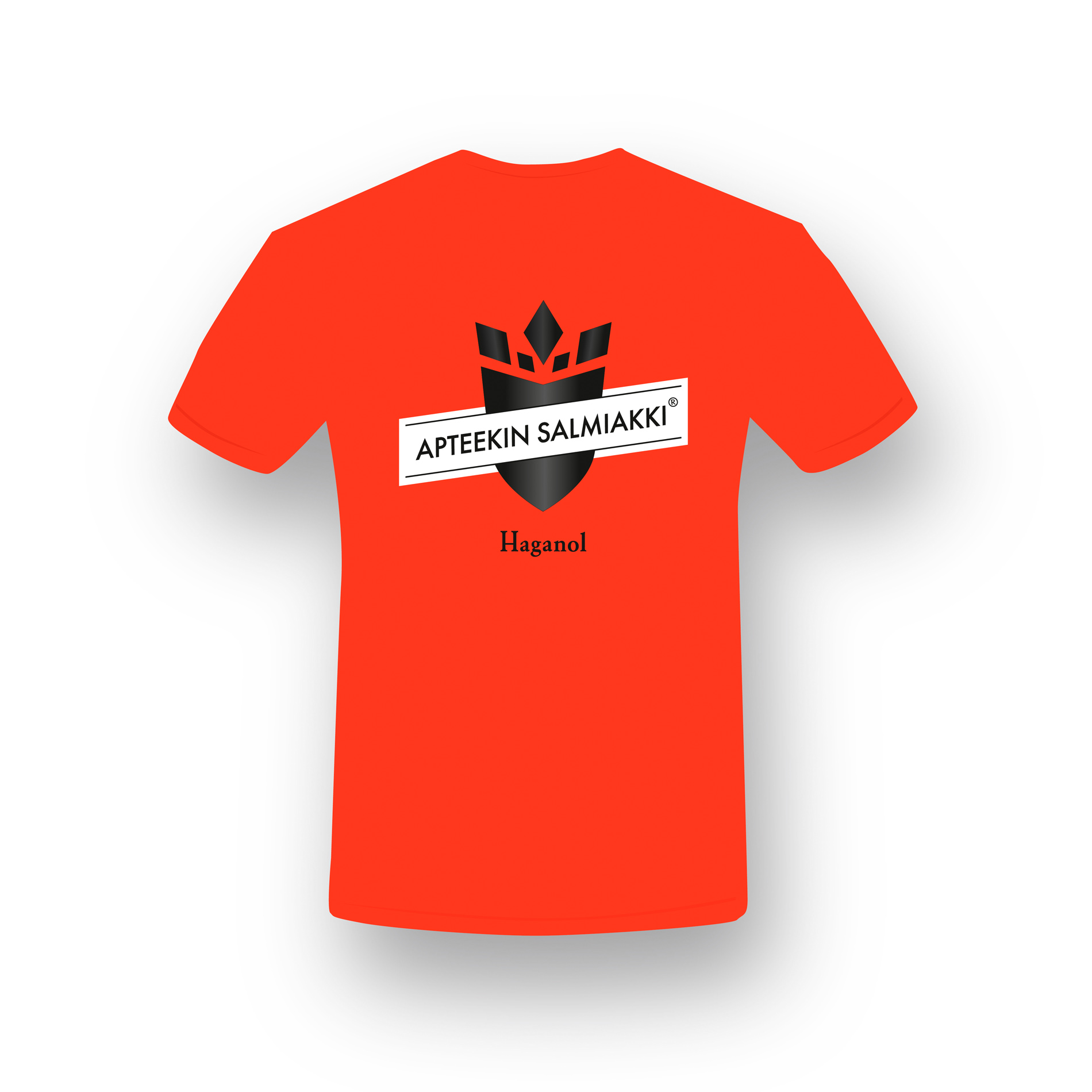 Punainen Haganol t-paita, jossa rinnassa Haganol-logo ja teksti Apteekin Salmiakki.