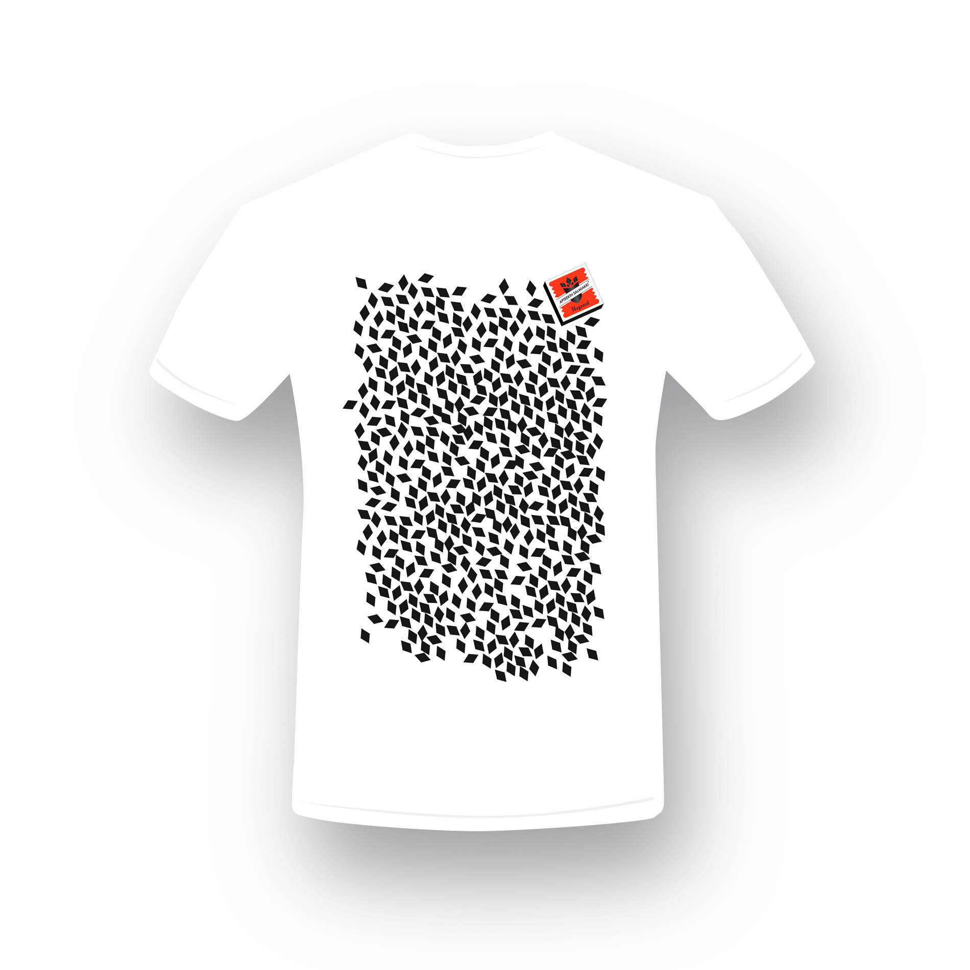 T-paita jossa apteekin salmiakkiruudut ovat pudoneet sekaisin askista.