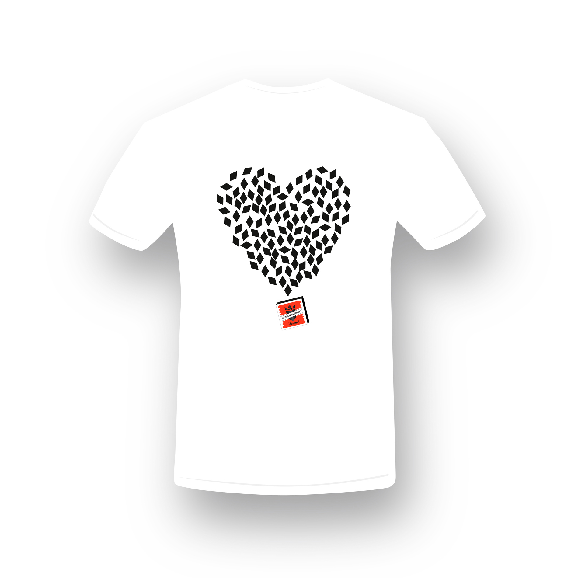 Valkoinen t-paita, jossa Haganol Apteekin Salmiakki -aski, josta tulee ulos sydämen muotoinen salmiakkipilvi.